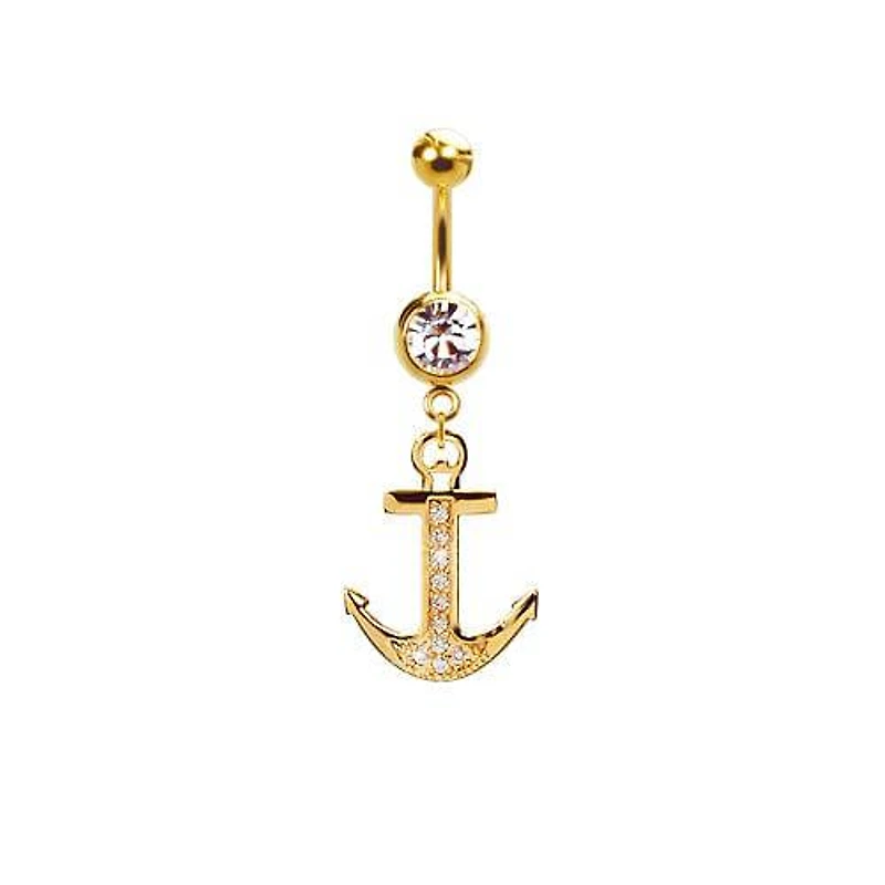 316L Surgical Steel Gold PVD CZ Anchor Dangle Belly Ring