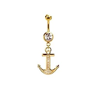316L Surgical Steel Gold PVD CZ Anchor Dangle Belly Ring