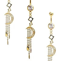 316L Surgical Steel Gold PVD CZ Moon with Chain Teardrops Dangle Belly Ring