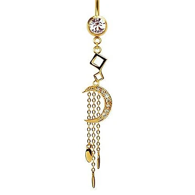 316L Surgical Steel Gold PVD CZ Moon with Chain Teardrops Dangle Belly Ring