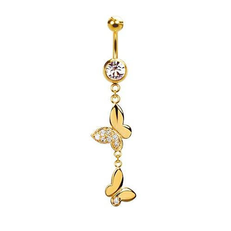 316L Surgical Steel Gold PVD Dainty Double Butterfly with CZ Wing Dangle Belly Ring