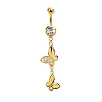 316L Surgical Steel Gold PVD Dainty Double Butterfly with CZ Wing Dangle Belly Ring