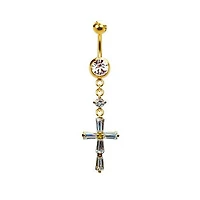 316L Surgical Steel Gold PVD Dainty Thin Baguette Cross Dangle Belly Ring