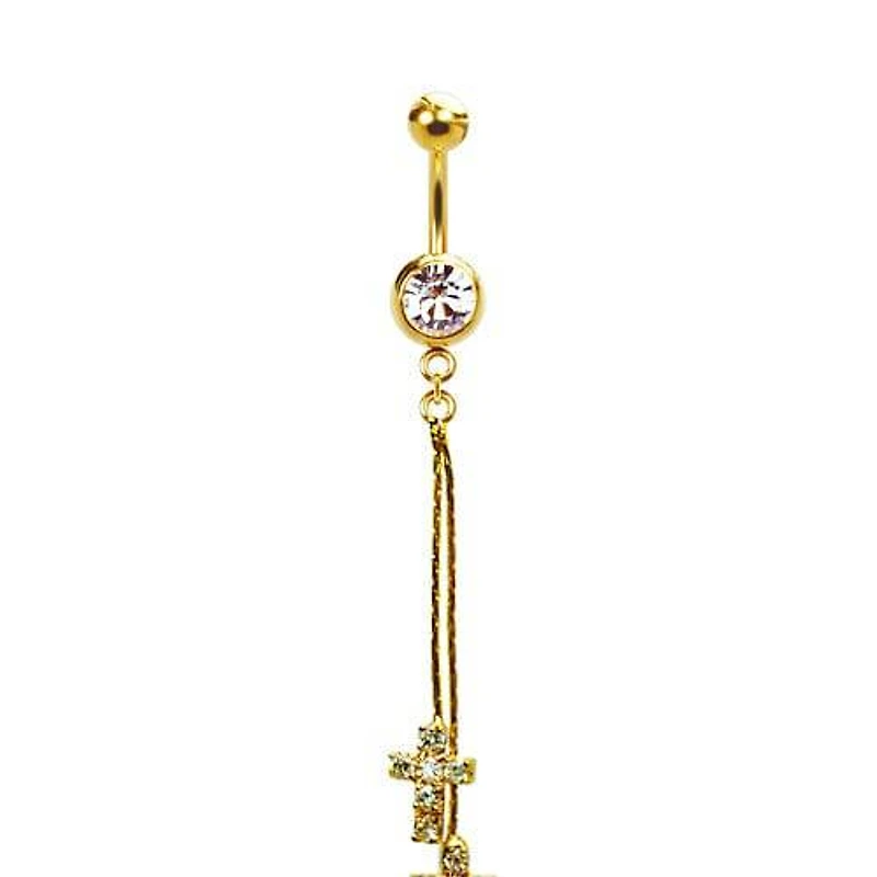 316L Surgical Steel Gold PVD Double Tassel and CZ Cross Dangle Belly Ring