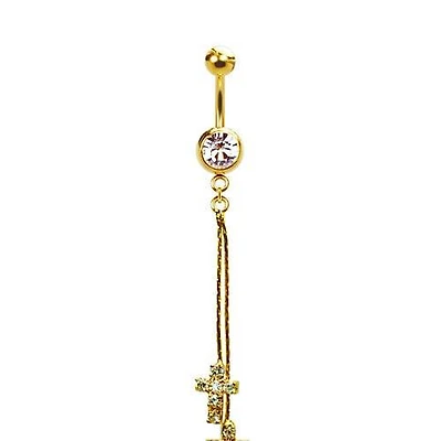 316L Surgical Steel Gold PVD Double Tassel and CZ Cross Dangle Belly Ring
