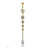316L Surgical Steel Gold PVD Elegant 4 Gem Dangle with Tear Drop CZ Dangle Belly Ring