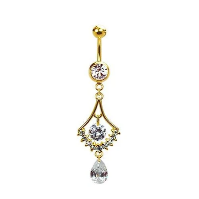 316L Surgical Steel Gold PVD Elegant Diamond Chandelier with Teardrop Dangle Belly Ring