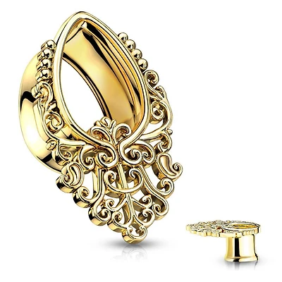 316L Surgical Steel Gold PVD Filigree Teardrop Shaped Double Flared Tunnels