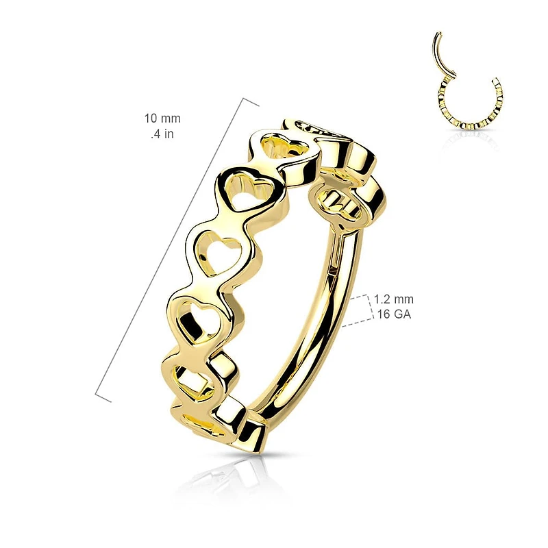 316L Surgical Steel Gold PVD Heart Pattern Hinged Clicker Hoop