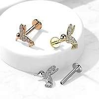 316L Surgical Steel Gold PVD Internally Threaded Dainty White CZ Hummingbird Labret Stud