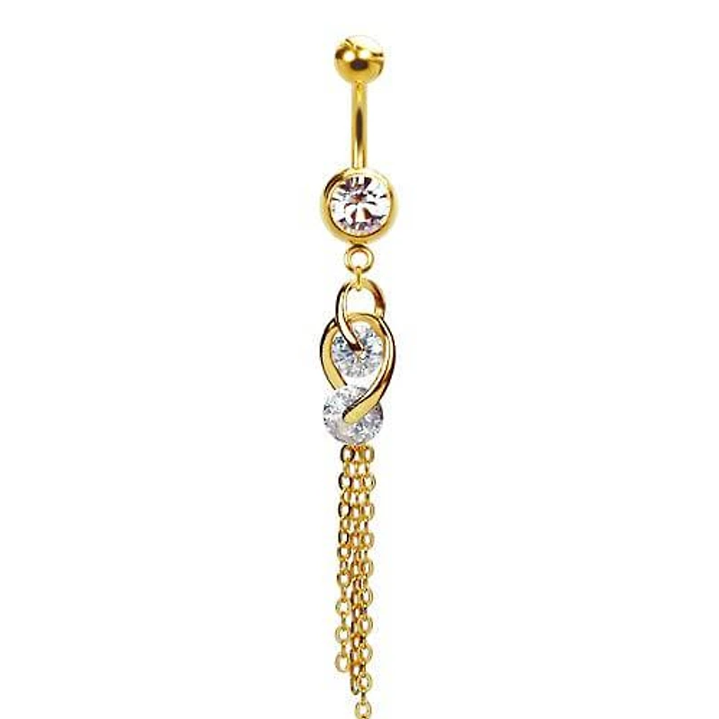 316L Surgical Steel Gold PVD Intertwined Double Hanging Gem Dangle Belly Ring