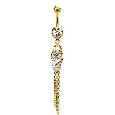 316L Surgical Steel Gold PVD Intertwined Double Hanging Gem Dangle Belly Ring