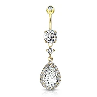 316L Surgical Steel Gold PVD Teardrop White CZ Pave Dangle Belly Ring