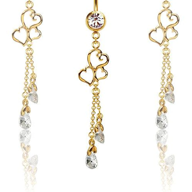316L Surgical Steel Gold PVD Triple Heart Diamond CZ Dangle Belly Ring