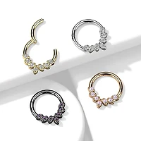 316L Surgical Steel Gold PVD White CZ Gem Vine Leaf Dainty Septum Ring Hinged Clicker Hoop