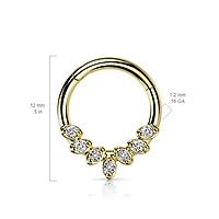 316L Surgical Steel Gold PVD White CZ Gem Vine Leaf Dainty Septum Ring Hinged Clicker Hoop