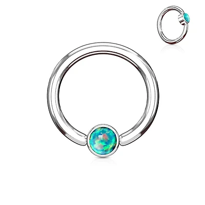 316L Surgical Steel Green Opal Flat Disk Captive Bead Ring Hoop Ring