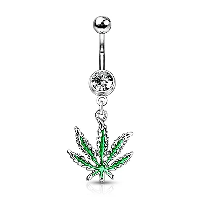 316L Surgical Steel Green PVD Weed Leaf Dangle Belly Ring