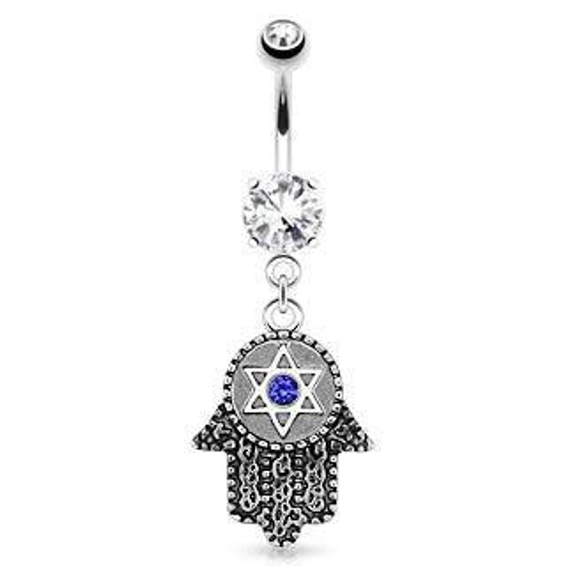 316L Surgical Steel Hamsa Star of David Dangling Belly Button Navel Ring