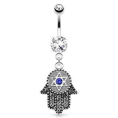 316L Surgical Steel Hamsa Star of David Dangling Belly Button Navel Ring