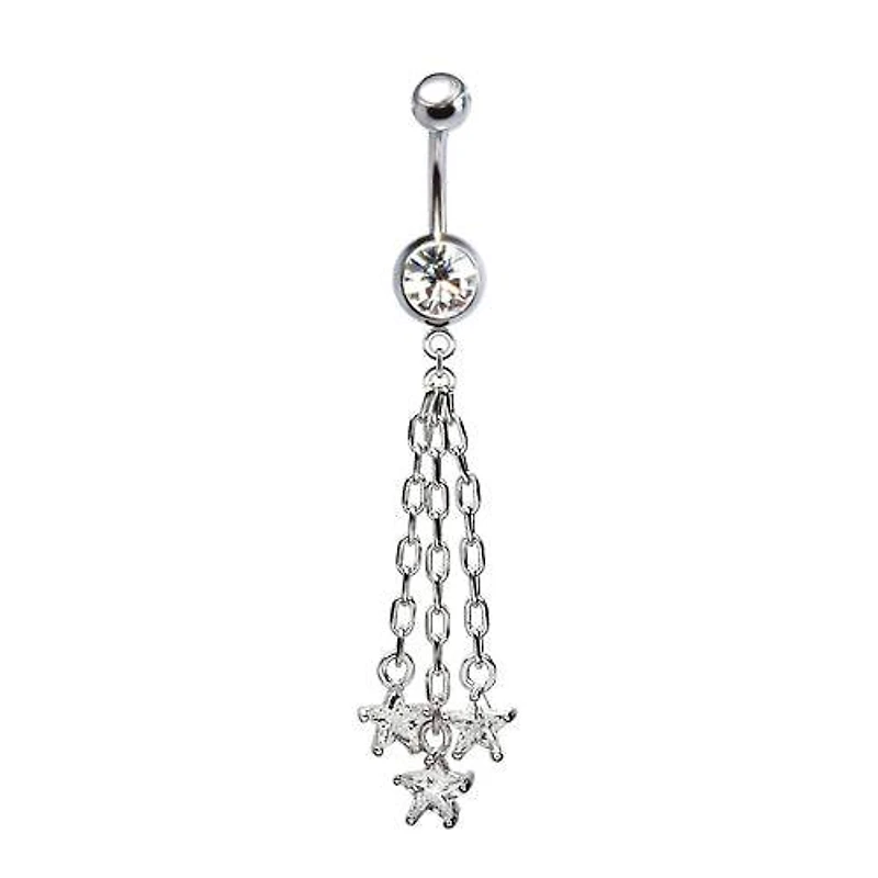 316L Surgical Steel Hanging Chain Triple Star CZ Dangle Belly Ring