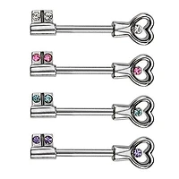 316L Surgical Steel Heart and Key CZ Gems Nipple Ring Barbell