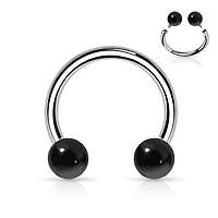 316L Surgical Steel Horseshoe With Internally Threaded Black Agate Ball Ends
