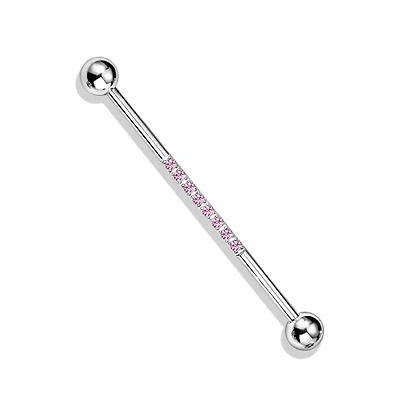 316L Surgical Steel Industrial Straight Barbell With Dainty Pink CZ Gems