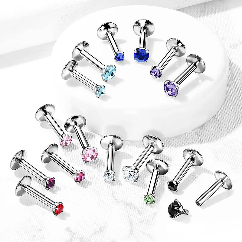 316L Surgical Steel Internally Threaded Circle Prong CZ Flat Back Labret Stud