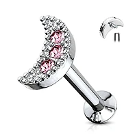 316L Surgical Steel Internally Threaded Pink CZ Moon Crescent Labret