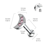 316L Surgical Steel Internally Threaded Pink CZ Moon Crescent Labret