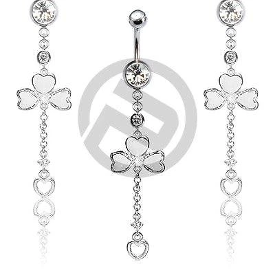 316L Surgical Steel Irish 3 Leaf Clover with Floating Heart Dangle Belly Ring