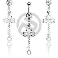 316L Surgical Steel Irish 3 Leaf Clover with Floating Heart Dangle Belly Ring