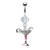 316L Surgical Steel Multi Colour CZ Gem Martini Glass Dangle Belly Ring