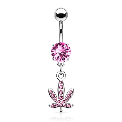 316L Surgical Steel Pink CZ Weed Leaf Dangle Belly Ring