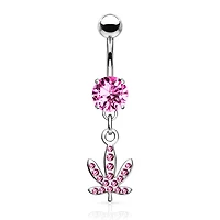 316L Surgical Steel Pink CZ Weed Leaf Dangle Belly Ring