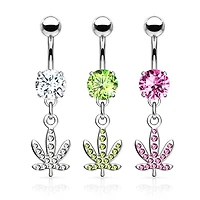 316L Surgical Steel Pink CZ Weed Leaf Dangle Belly Ring
