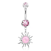 316L Surgical Steel Pink Glitter Opal Tribal Sun Belly Button Ring