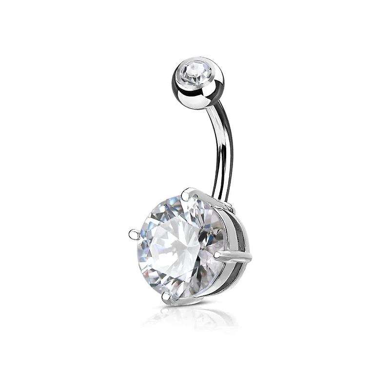 316L Surgical Steel Prong White CZ Classic Belly Button Ring