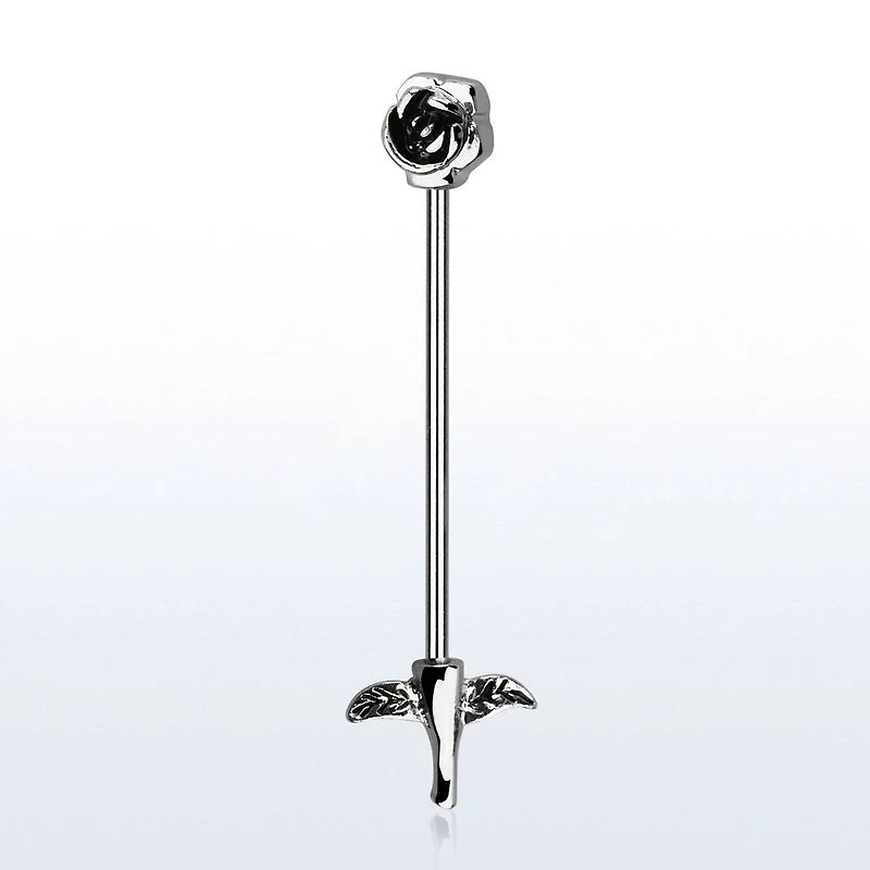 316L Surgical Steel Rose Flower and Stem Industrial Straight Barbell