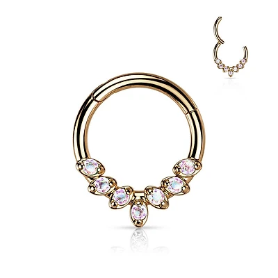 316L Surgical Steel Rose Gold PVD AB CZ Gem Vine Leaf Dainty Septum Ring Hinged Clicker Hoop