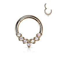 316L Surgical Steel Rose Gold PVD AB CZ Gem Vine Leaf Dainty Septum Ring Hinged Clicker Hoop