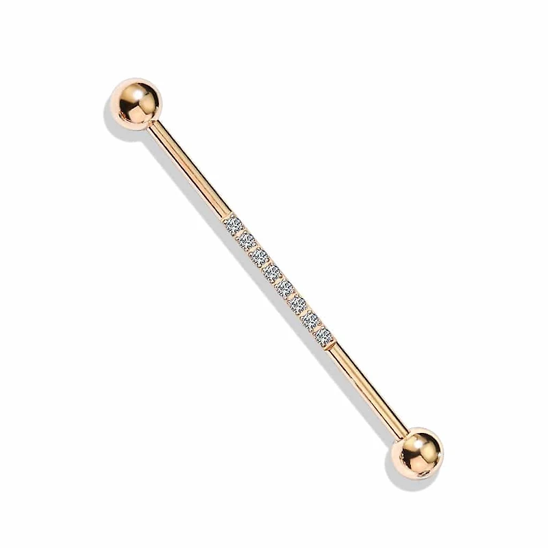 316L Surgical Steel Rose Gold PVD Industrial Straight Barbell With Dainty White CZ Gems