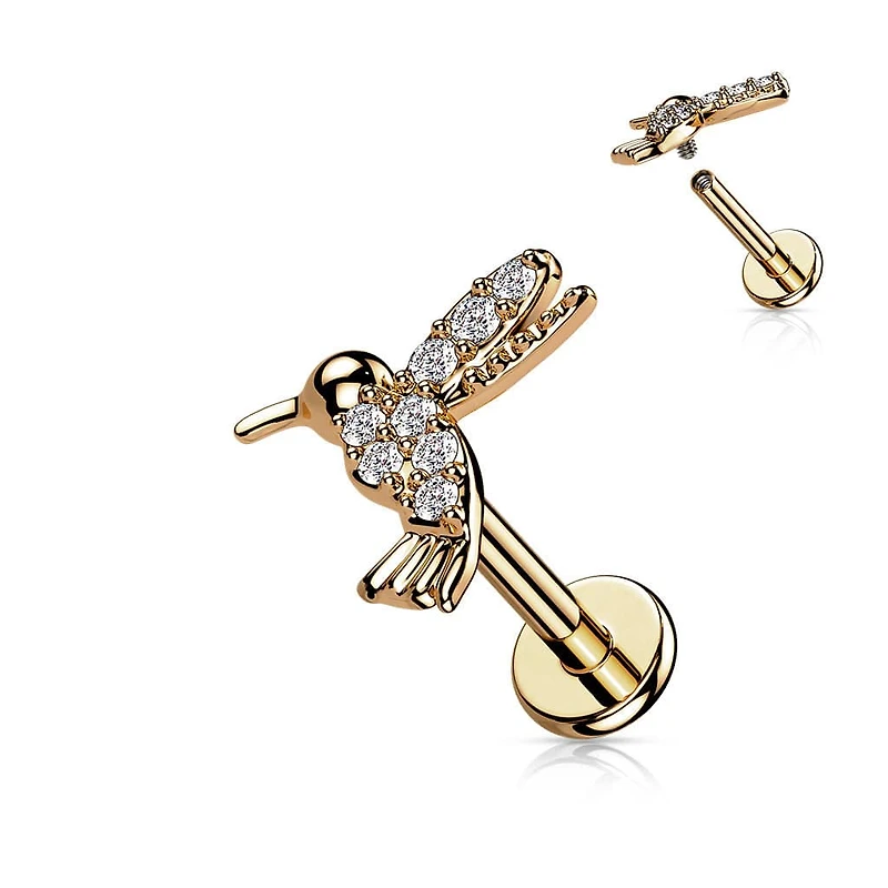 316L Surgical Steel Rose Gold PVD Internally Threaded Dainty White CZ Hummingbird Labret Stud