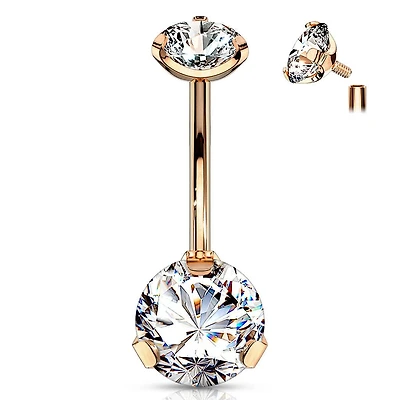 316L Surgical Steel Rose Gold PVD Internally Threaded White CZ Belly Ring
