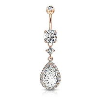 316L Surgical Steel Rose Gold PVD Teardrop White CZ Pave Dangle Belly Ring