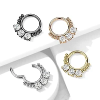316L Surgical Steel Rose Gold PVD White CZ Beaded Hinged Septum Clicker Hoop