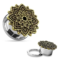 316L Surgical Steel Screw On Ear Gauges Plugs with Antique Bronze Lotus Flower