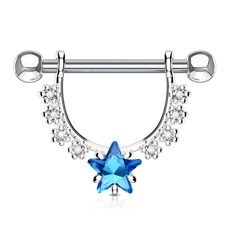 316L Surgical Steel Star Dangle White & Blue CZ Nipple Ring Barbell