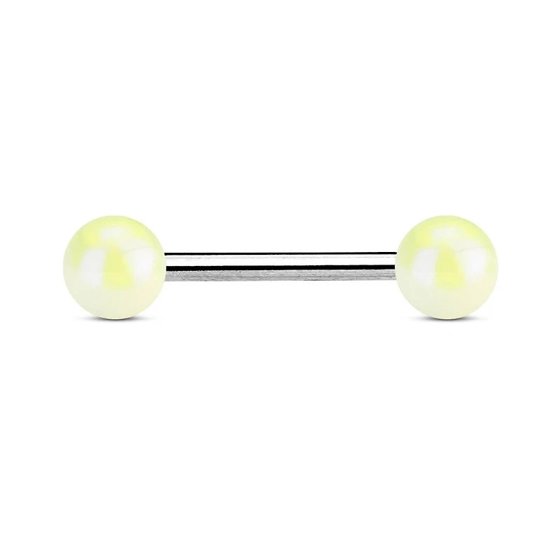 316L Surgical Steel Straight Barbell with Metallic Coated White Balls